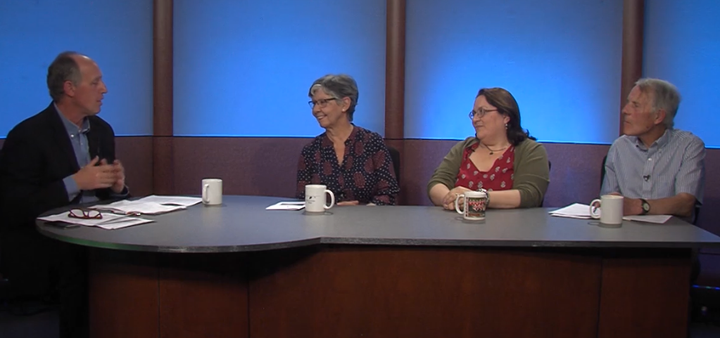 Three MHF board members sit with the host of "Focus on Watertown" on the WCA-TV Public Access channel.